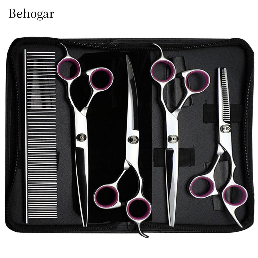Behogar 5pcs Pet Dog Grooming Hair Comb Thinning Scissors Shears Straight Curved Animals Cutting Scissors Tool Kit w/Storage Bag