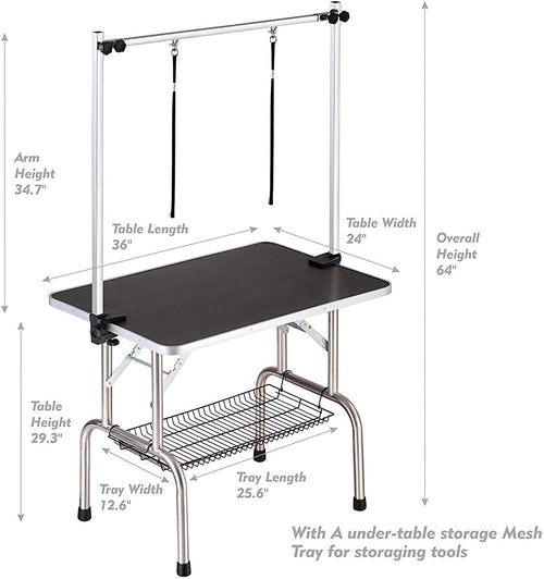 Ariseva 36" x 24" x 30" Professional Heavy Duty Pet Grooming Table: Adjustable, Portable w/ Arm & Noose & Mesh Tray