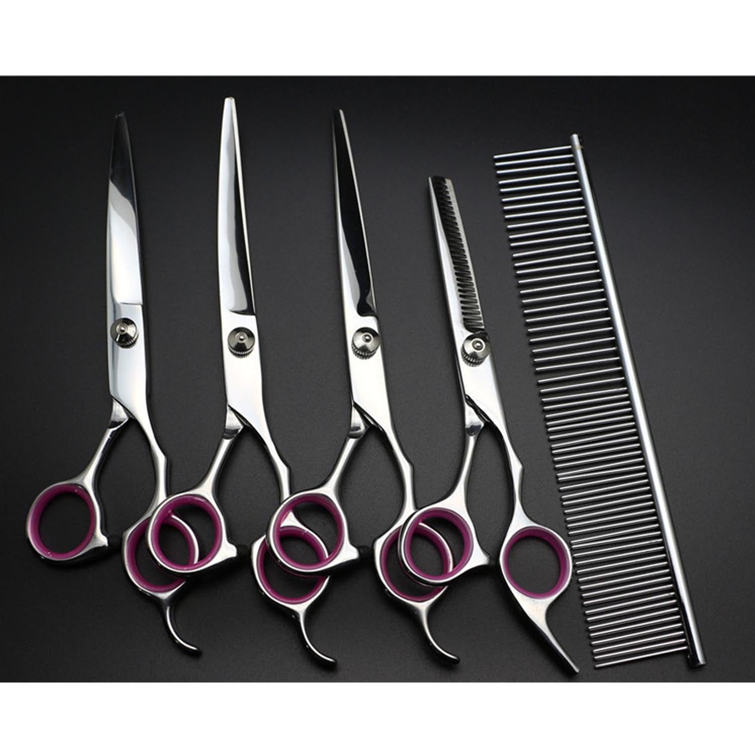 Behogar 5pcs Pet Dog Grooming Hair Comb Thinning Scissors Shears Straight Curved Animals Cutting Scissors Tool Kit w/Storage Bag